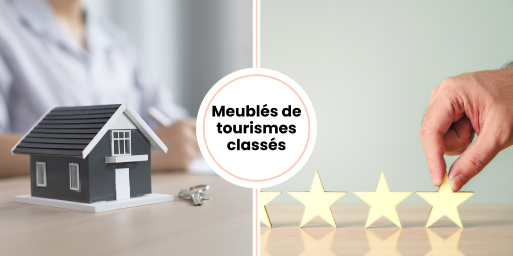 image séparée en deux, d'un coté il ya a une petite maison représentant les meublés de tourismes classés et de l'autre des étoiles symbolisant le classement des meublés de tourismes