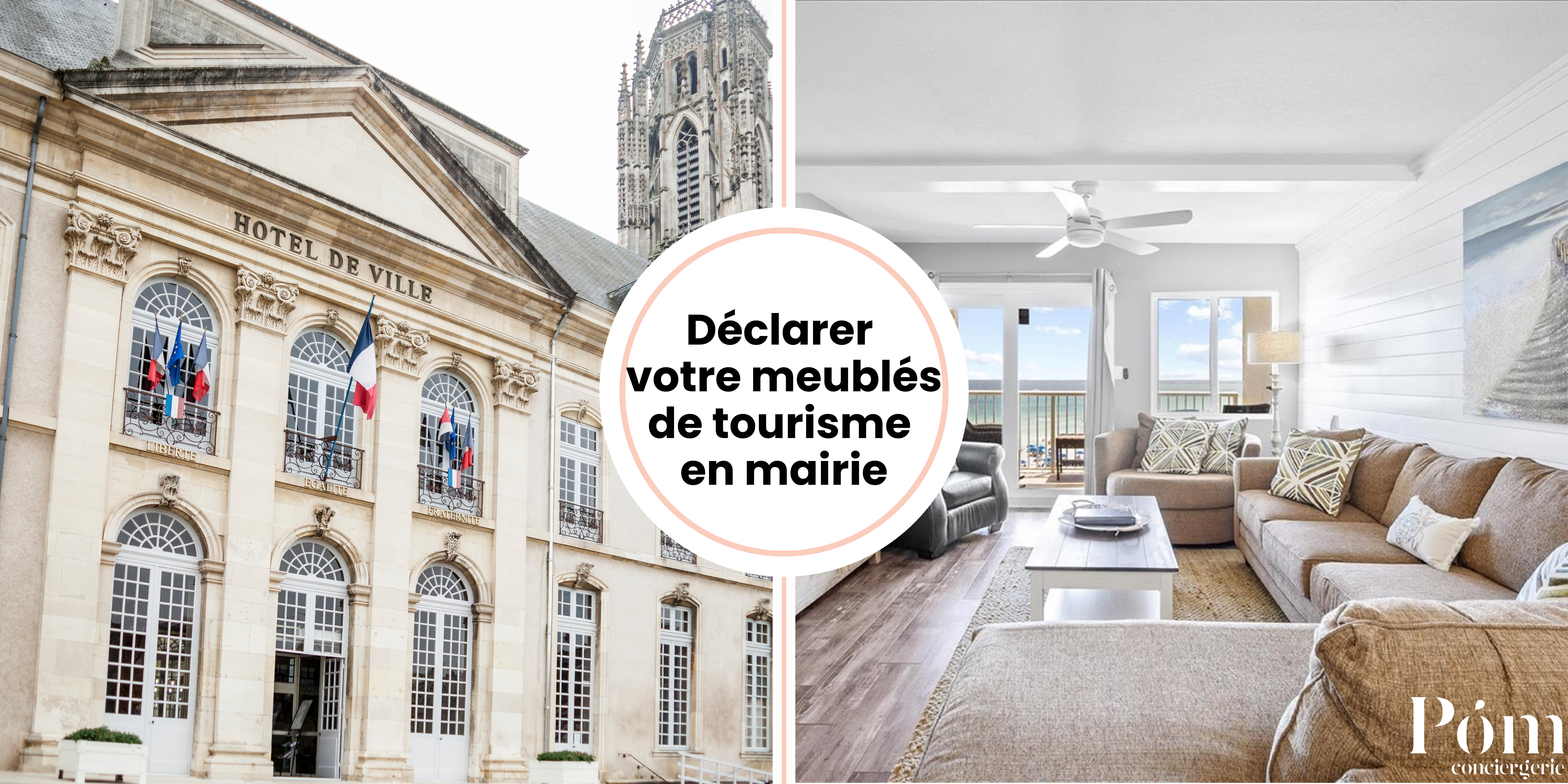 Déclarer votre meublés de tourisme en mairie, à gauche de l'image se situe un bâtiment administratif tel qu'une mairie et à droite de l'image la représentation d'un meublé de tourisme lumineux